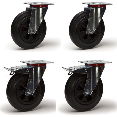 Lot de 4 roulettes pivotantes et pivotantes à frein caoutchouc noir 125 mm - 300 kg