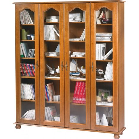 Bibliothèque Chêne 4 Portes Vitrées 18 Niches L 158.8 H 182.2 P 33 cm (1/4)