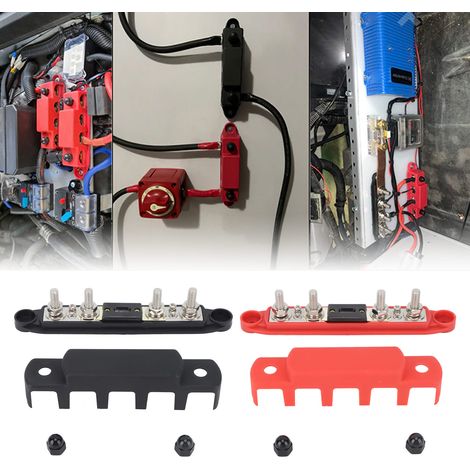 Paire de barres omnibus noires et rouges DC12V-48V 300A pour véhicules de loisirs et bateaux avec goujons de connexion haute intensité M8 et 4 goujons (CP-4125) (1/5)