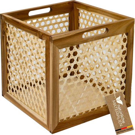 HMF Aufbewahrungskorb für Kallax Regale, Korb aus Rattan mit Wiener Geflecht und Akazienholz, Muster 2, 32x34x32 cm (1/5)