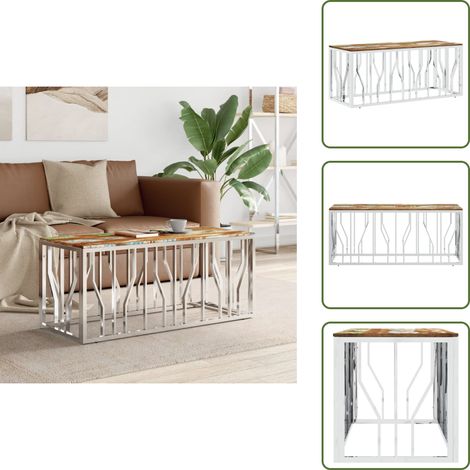 Table basse argenté acier inoxydable/bois massif récupération - Table Basse - Meuble Salon - Table D'appoint - Table Ronde - Décoration Intérieure (1/5)