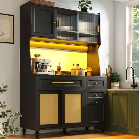 Buffet haut de cuisine noir 120 x 45 x 195,5 cm avec LED, 3 tiroirs, MDF/PB (1/5)