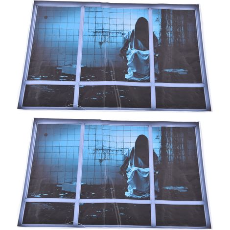 Lot de 2 stickers muraux 3D d'Halloween en PVC représentant un fantôme féminin terrifiant, parfaits pour décorer une fête. (1/5)
