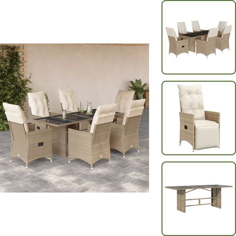 Ensemble de bistro de jardin 7 pcs coussins beige poly rotin - Meubles De Jardin - Salon De Jardin - Set De Bistrot - Fauteuil Inclinable - Résine Tressée (1/5)