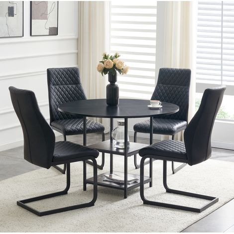 Set tavolo rotondo 107 cm con 4 sedie nere effetto trapuntato in MDF e metallo stile industriale (1/5)