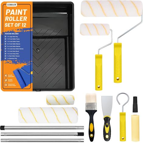 Kit Rouleaux Peinture 12 Pièces - Microfibre et Mousse - Avec Perche Télescopique - Pour Murs Plafonds Bordures - 9 et 4 Pouces (1/5)