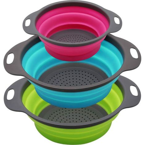 Set mit 3 runden, faltbaren Silikonsieben – 2 Stück mit 4 Litern Fassungsvermögen und 1 Stück mit 2 Litern – Ideal zum Abtropfen von Nudeln, Gemüse und Obst (grün, blau, lila)