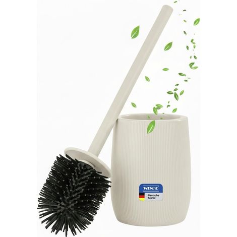 Brosse WC en céramique à relief rainuré, support de brosse à poser, avec tête en silicone et couvercle plastique flexible, set WC pour salle de bain et WC invités, crème mate