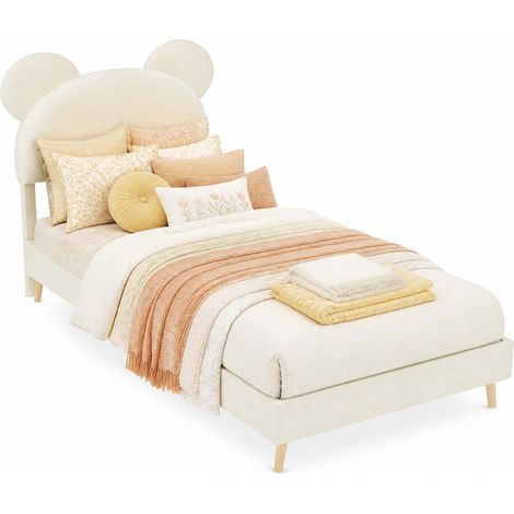 Lit 90x200 avec coffre de rangement et tête de lit cartoon rembourrée, tissu beige, structure métal et MDF pour chambre enfant - CHICFURN (1/5)