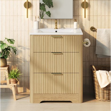 Mueble de lavabo de pie 61 cm con lavabo cerámico, 2 cajones y portarrollos reversible (1/5)