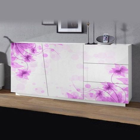Madia 2 ante e 3 cassetti linea Virgola finitura Bianco Lucido con fiore viola (1/4)