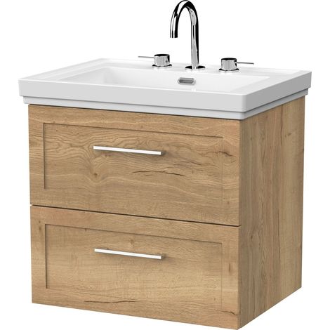 Stonnall Traditional Wall Hung 2 Drawers Vanity Unit with Traditional 3 Tap Hole Fireclay Basin, 600mm, Autumn Oak