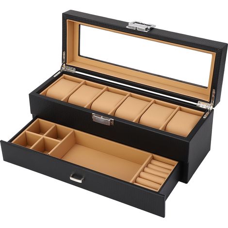 Boîte à montres à 6 emplacements et 2 niveaux en cuir PU noir effet fibre de carbone avec tiroir (1/5)