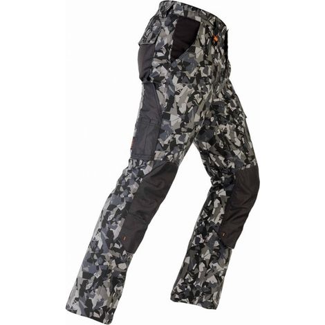 Kapriol – Pantalon de travail multipoches taille M – Tissu 97% coton 3% élasthanne stretch – Poches pour genouillères et outils – Couleur gris camouflé