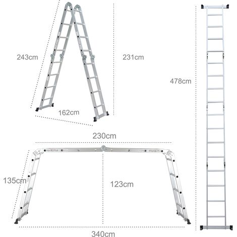 Todeco – Échelle télescopique 6 en 1 – Hauteur réglable 1,25 à 4,78 m – Charge maximale 150 kg – Alliage aluminium – Norme EN 131