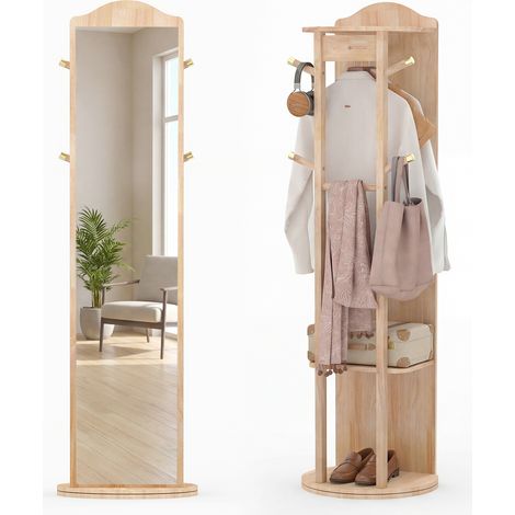 Costway – Miroir sur pied 3-en-1 avec porte-manteau – Base pivotante à 360° – 2 étagères et 4 crochets pour rangement – Miroir haute définition (1/5)