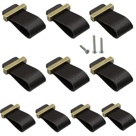 10 Pièces Poignée en Cuir pour Meuble Noir, Poignées de Placard Boutons de Porte de Tiroir en Cuir Commode Armoire Bouton Poignées avec Vis, Poignée en Cuir pour Armoire, Cuisine et Porte (1/4)