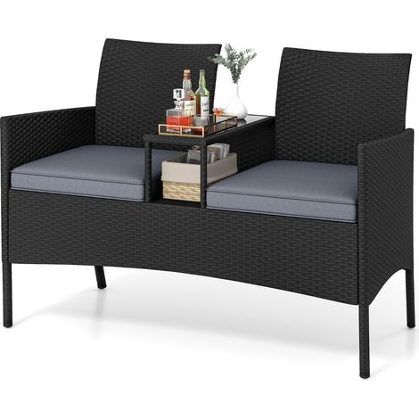 Divano da esterno con tavolino integrato, Mobile in rattan per 2 persone con cuscini e piano in vetro temperato Nero (1/5)