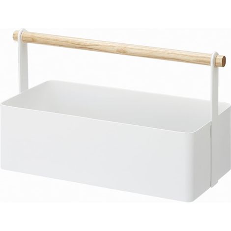 Cesto di stoccaggio in metallo bianco con maniglia in legno - L29 cm