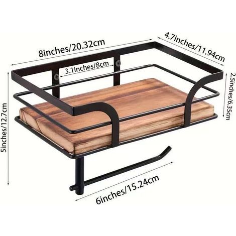 Porte-Rouleau de Papier Toilette en Bois avec étagère - avec boîte à lingettes humides - avec perçage Noir (1/5)