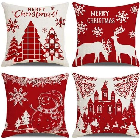 Housses de Coussin Joyeux Noël Lot de 4 Taie d'oreiller l'hiver Noël Wapiti Château Bonhomme de Neige Modèle Décoration pour Canapé Chambre Maison 45 x 45 cm (1/4)