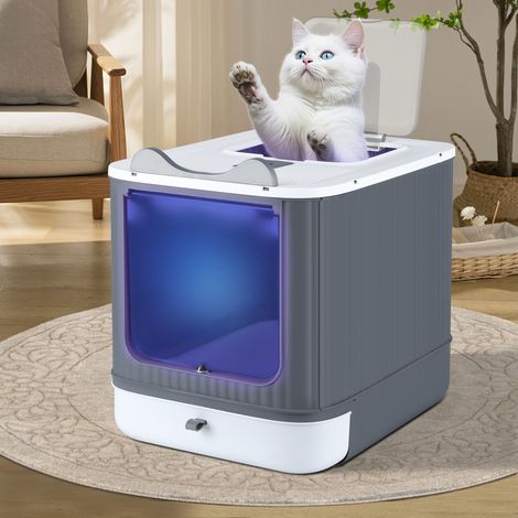 Bac à Litière, avec Couvercle et Pelle, Fonction de Stérilisation et de Désodorisation, pour Chats jusqu'à 15KG, Blanc (1/5)