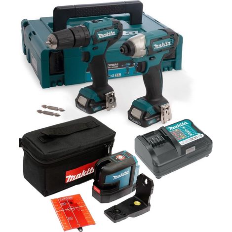 Makita CLX228AJ 12v Max Lithium Ion Li-ion Combi Hammer Drill + Cross Line Laser (1/4)