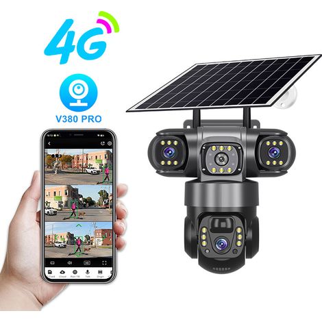 Caméra de surveillance solaire 3 caméras – Vision nocturne couleur 360° – Détection de mouvement et humaine – Surveillance extérieure