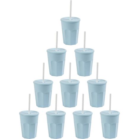 Lot de 10 gobelets en plastique avec couvercle et paille, gobelets en plastique, 0,25 l, couleur : bleu clair (1/5)