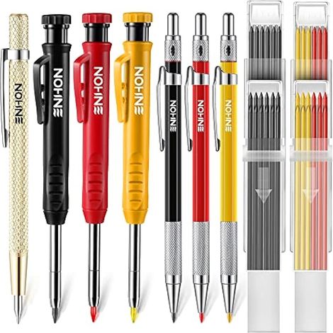 Set de Crayons de Charpentier Mécanique avec Recharges de Marqueurs et Outil à Tracer en Carbure, Crayons à Bois à Trous Profonds Solides Outils de Marquage avec Taille-Crayon Intégré