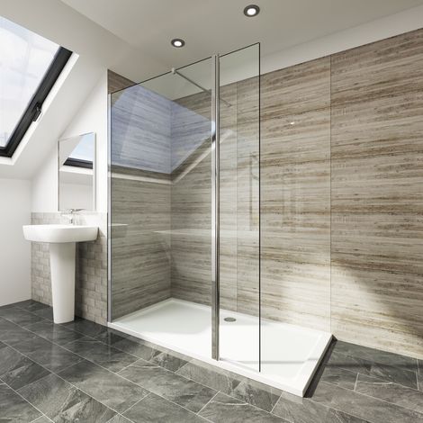 ELEGANT 900mm Walk in Wet Room 300mm Flip Panel Open Entry Bathroom Screen 6mm Tempered Glass Shower Enclosure with Shower Tray 1500x800mm and Free Waste Trap (1/5)