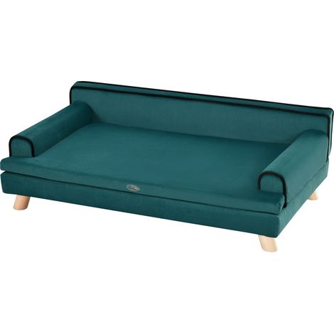 Canapé chien chat design scandinave coussin moelleux amovible pieds bois massif bleu canard 100x62x32 cm