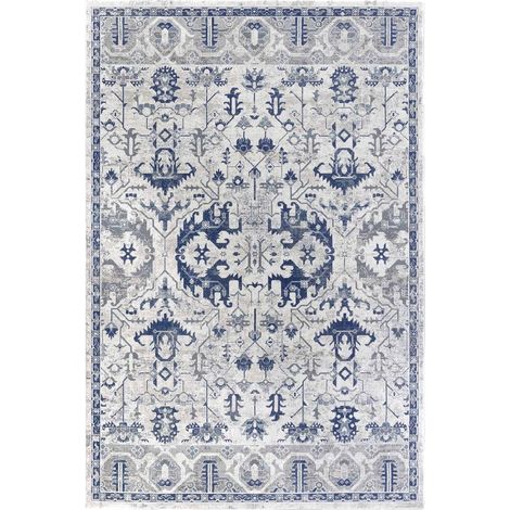 Tapis d'orient 200 x 280 cm motif oriental, bleu et beige, tissé avec finition soignée, structure dense et relief subtil, idéal pour salon