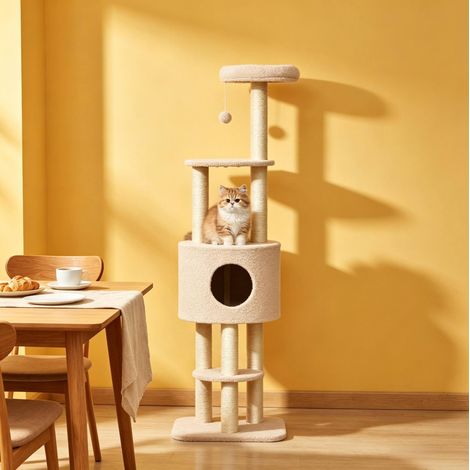 Árbol para gatos multinivel 45 x 40 x 148 cm beige con sisal y cubículo DESVIAE (1/5)