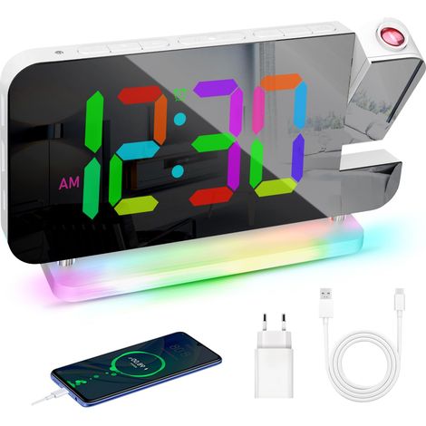 Réveil avec projection, réveil à projection avec horloge miroir LED RVB, veilleuse 10 couleurs et projecteur rotatif à 180°, réveil numérique avec USB-C, pour chambre à coucher, enfants (1/5)