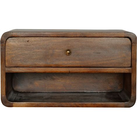 Table de chevet flottante en bois massif, courbée, aspect châtaignier, avec 1 tiroir et étagère ouverte, marron foncé (1/5)