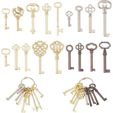 Lot de 19 clés squelettes universelles à corps creux en alliage pour vieux meubles, meubles anciens, portes d'armoire, horloges de grand-père, armoires ou portes de style ancien (1/5)