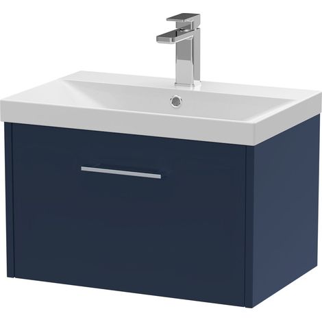 Winshill Contemporary 1 Drawer Wall Hung Vanity Unit with Thin Edge Basin, Dark Blue, 600mm