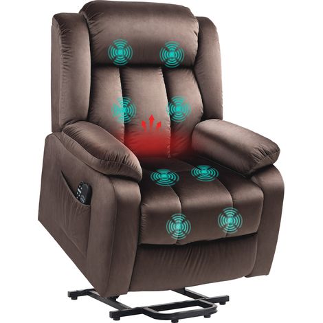 Fauteuil releveur avec fonction massage et chauffage lombaire, fauteuil inclinable avec télécommandes et poches latérales, marron