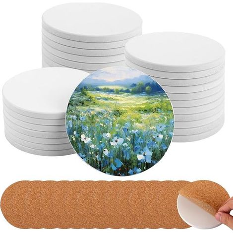 White ceramic coasters, 10.3 cm. Unglazed tiles and cork coasters. For crafts, glasses, cups, painting, acrylic molding, rounds. (1/5)