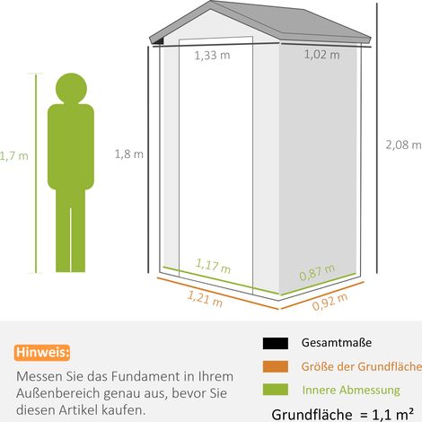 Abri de jardin, 1,1 m², avec toit en pente, 133 x 102 x 180/208 cm (1/5)