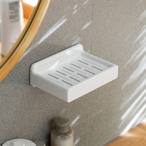 Portasapone bianco autoadesivo da parete, porta sapone da doccia senza foratura con drenaggio per bagno e cucina - Scatola portasapone in plastica (1/5)