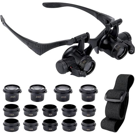 lunettes Loupe Avec 2 Lumires Led, 8 Lentilles Dtachables, Loupe Montage Sur Tte, Lunettes Loupe Mains Libres Pour Rparation, Lecture, Bijoux, Mo (1/5)