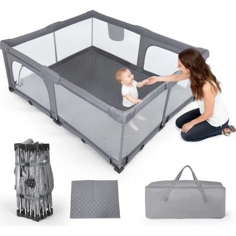 Parc pour bébé pliable 180 x 150 cm, double entrée, structure en maille, bords rembourrés, sans assemblage, anneaux de tirage, utilisable comme parc ou tapis de jeu (1/5)