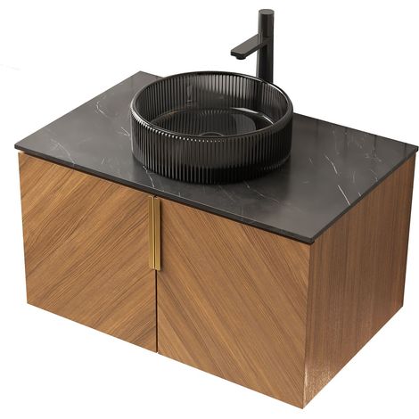 Waschbeckenunterschrank modern 76 cm mit Sintersteinplatte, 2 Türen, Braun Eiche