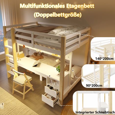Lit superposé 90x200 et 140x200 cm, bois de pin, avec tiroirs et bureau, panneau perforé mural inclus, bande LED intégrée, sans matelas (1/5)