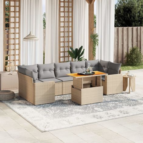 Salon de jardin 8 places en résine tressée beige avec coussins gris - Table extensible acacia et structure acier - Ensemble modulaire terrasse (1/3)