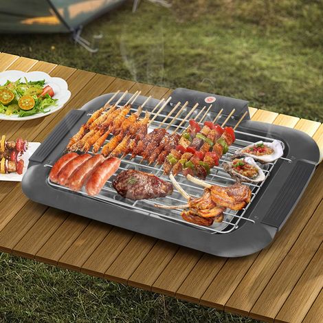 Grill électrique de table 2000W, température réglable 90-350°C, plaque en acier inoxydable 304, avec bac à eau, pour barbecue maison, camping et rassemblements familiaux – Noir