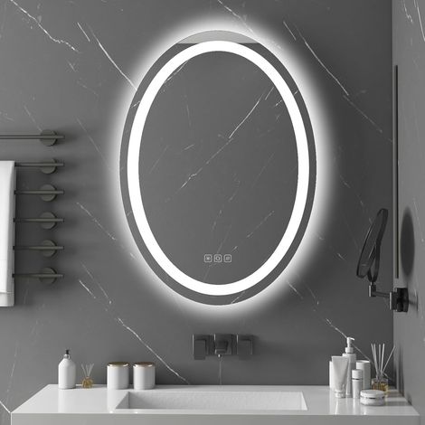 Miroir de salle de bain rétroéclairé LED ovale de 500 x 700 mm, avec lumière 3 tons, montage mural, miroir de coiffeuse LED avec fonction anti-buée, interrupteur tactile (1/5)