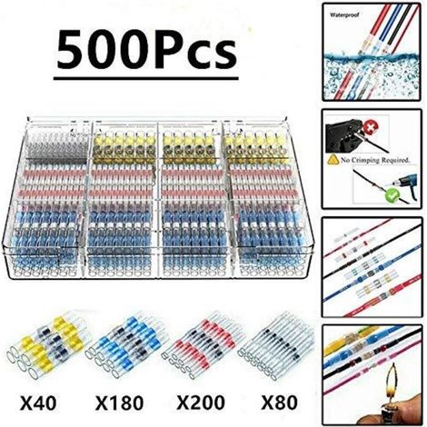 500 Pièces Cosses Électriques à Soudure avec Gaine Thermorétractable Étanche pour Marine, Automobile et Électricité